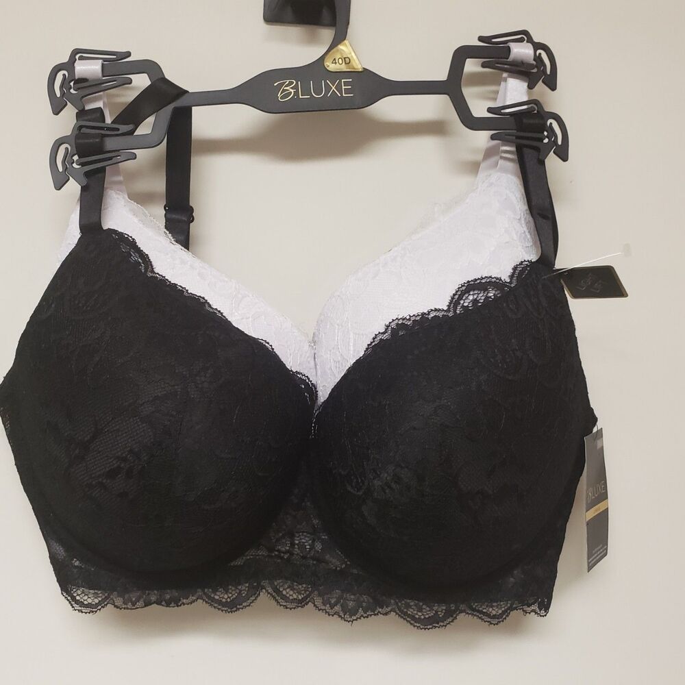 Women's B. Luxe White and Black Lace Underwire Bras Two Piece Set Sz 40D, NWT